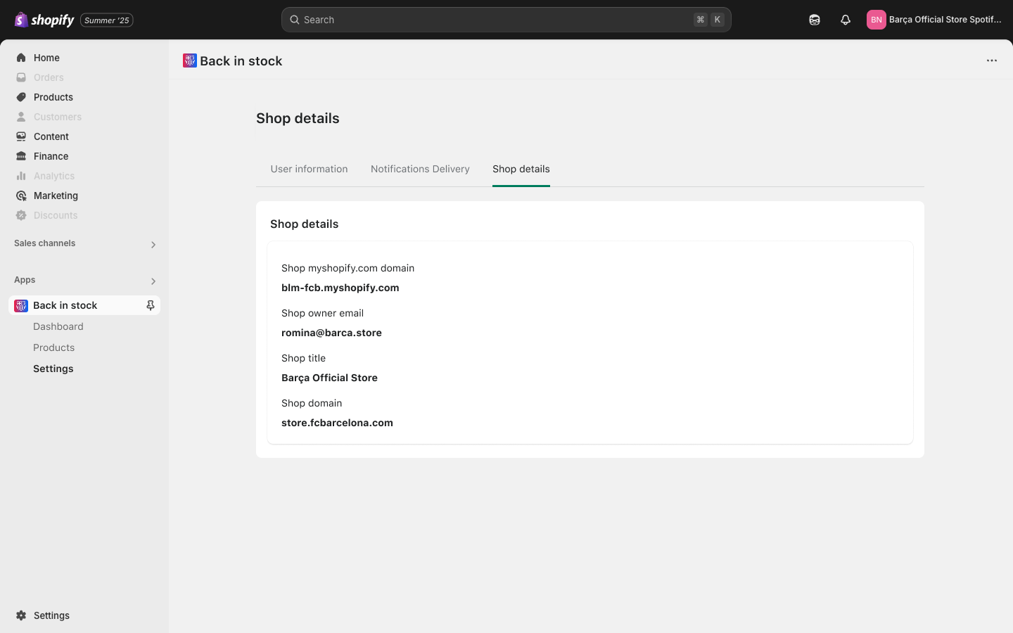 Settings Shop details