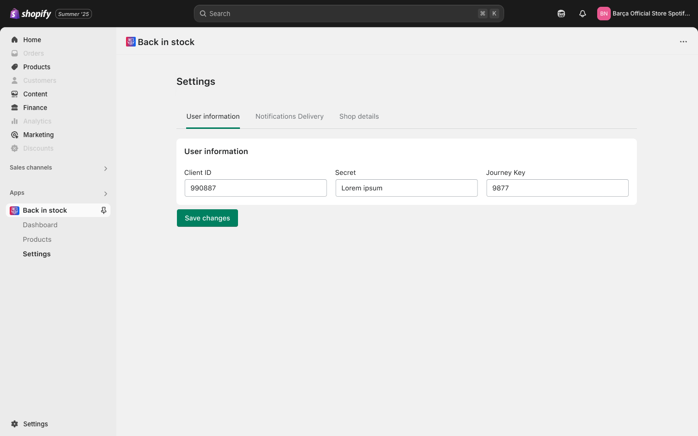 Settings User information